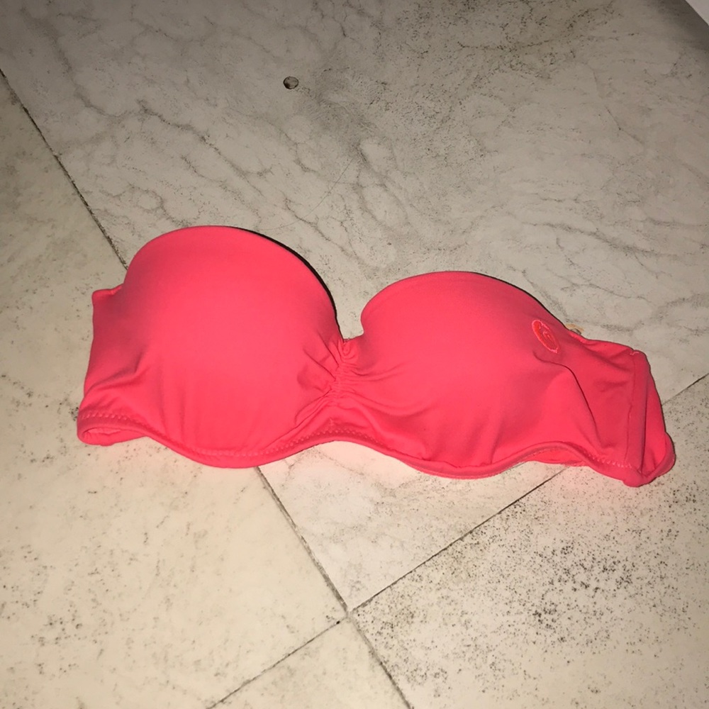 Strapless coral bandeau bikini top